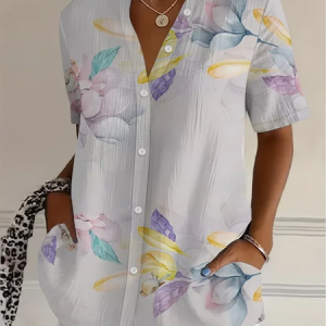Women Floral Shirt Collar Short Sleeve Shirt Printing Casual Daily Summer Top, JustFashionNow Shirts, color:As Picture|size:XXL