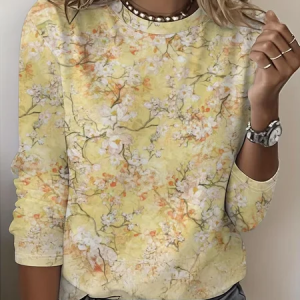 Casual Floral Crew Neck Long Sleeve T-shirt, T-shirts, color:Yellow|size:XXL, catalog Noracora shop