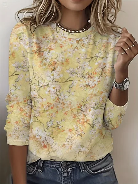 Women Floral Long Sleeve Tee T-shirt Crew Neck Printing Casual Graphic Tee Spring/Fall Top, JustFashionNow T-Shirts, color:Yellow|size:XXL