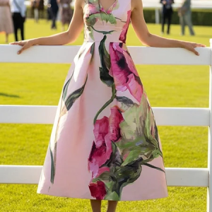Elegant Floral Printing V Neck Midi Dress, Cocktail Dresses, color:Pink|size:XXL, Stylewe