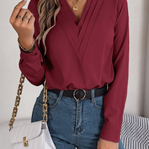 Women Plain V Neck Long Sleeve Shirt Split Joint Casual Daily Spring/Fall Top, JustFashionNow Blouses, color:Wine Red|size:XL