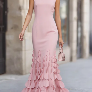 Elegant Sleeveless Petal Hem Mermaid Maxi Dress, Cocktail Dresses, color:Pink|size:XXL, Stylewe