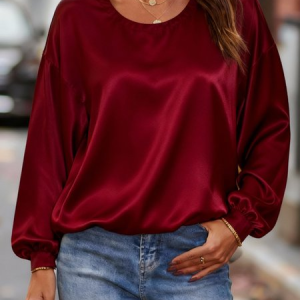 Women Plain Long Sleeve Tee T-shirt Crew Neck Split Joint Vintage Spring/Fall Top, JustFashionNow T-Shirts, color:Wine Red|size:3XL