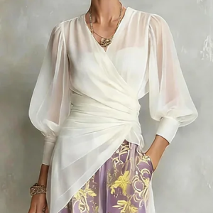 Urban Plain Ruched V Neck Blouse, Blouses and Shirts, color:White|size:XXL, Stylewe