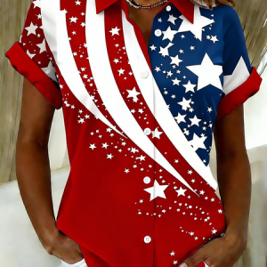 Women America Flag Shirt Collar Short Sleeve Shirt Printing Casual Daily Summer Top, JustFashionNow Shirts, color:Red|size:5XL