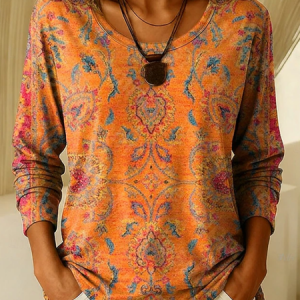 Women Floral Long Sleeve Tee T-shirt Crew Neck Printing Casual Graphic Tee Spring/Fall Top, JustFashionNow T-Shirts, color:Orange|size:XXL