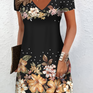Women Floral Short Sleeve V Neck Printing Dress Daily Casual Midi Classic A-Line Summer Dress, JustFashionNow Casual Dresses, color:Black|size:4XL