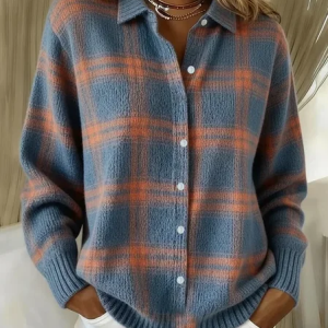 Women Plaid Printing Long Sleeve Shawl Collar Vintage Spring/Fall Cardigan Outerwear, JustFashionNow Cardigans, color:Blue|size:4XL