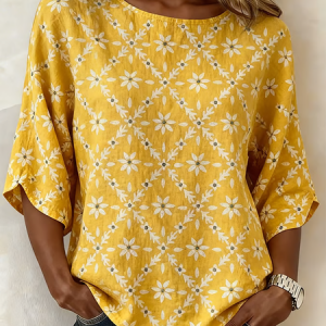 Women Floral Crew Neck Half Sleeve Blouse Printing Vintage Daily Summer Top, JustFashionNow Blouses, color:Yellow|size:5XL