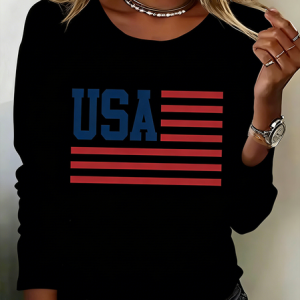 Independence Day Casual America Flag Crew Neck Long Sleeve T-shirt, T-shirts, color:Black|size:XXL, catalog Noracora shop