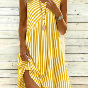 Women Striped Sleeveless V Neck Dress Daily Casual Midi Tank A-Line Summer Dress, JustFashionNow Dresses, color:Yellow|size:4XL