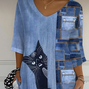 Women Cat Three Quarter Sleeve Tee T-shirt V Neck Printing Casual Graphic Tee Spring/Fall Top, JustFashionNow T-Shirts, color:Blue|size:5XL