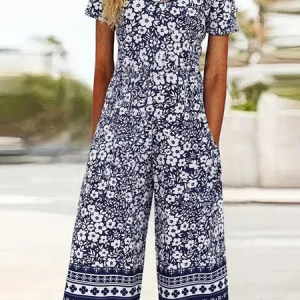 Women Floral V Neck Half Sleeve Casual Summer Jumpsuit, JustFashionNow Jumpsuits＆Rompers, color:Navyblue|size:4XL