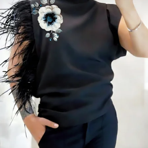 Elegant Floral Feather-trimmed Blouse, Blouses and Shirts, color:Black|size:XXL, Stylewe