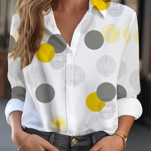 Women Abstract Shirt Collar Long Sleeve Shirt Buckle Regular Sleeve Casual Daily Spring/Fall Top, JustFashionNow Shirts, color:White|size:XXL