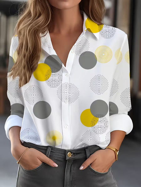 Women Abstract Shirt Collar Long Sleeve Shirt Buckle Regular Sleeve Casual Daily Spring/Fall Top, JustFashionNow Shirts, color:White|size:XXL