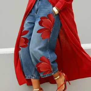 Plus Size Zipper Denim Casual Floral Jeans With No Belt, Plus Pants, color:Red|size:3X, Stylewe