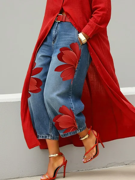 Plus Size Zipper Denim Casual Floral Jeans With No Belt, Plus Pants, color:Red|size:3X, Stylewe