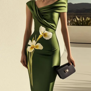 Elegant Floral Printing Asymmetrical Neck Knee Length Dress, Midi Dresses, color:Green|size:XXL, Stylewe