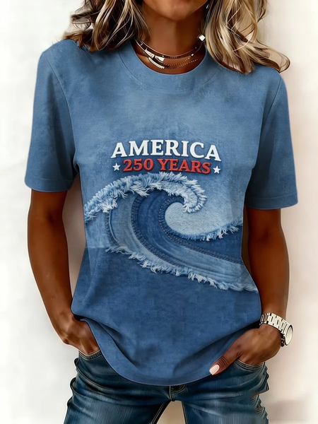 Women Text Letters Short Sleeve Tee T-shirt Crew Neck Printing Casual Graphic Tee Summer Top, JustFashionNow T-Shirts, color:Blue|size:XXL - Image 2