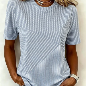 Women Striped Short Sleeve Tee T-shirt Crew Neck Casual Summer Top, JustFashionNow T-Shirts, color:Blue|size:5XL