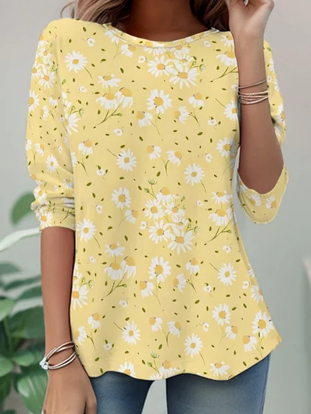 Women Floral Long Sleeve Tee T-shirt Crew Neck Casual Tunic Spring/Fall Top, JustFashionNow T-Shirts, color:Yellow|size:XXL - Image 3