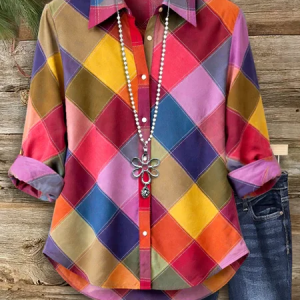 Women Multicolor Block Shirt Collar Long Sleeve Shirt Buckle Regular Sleeve Casual Daily Spring/Fall Top, JustFashionNow Shirts, color:As Picture|size:XXL