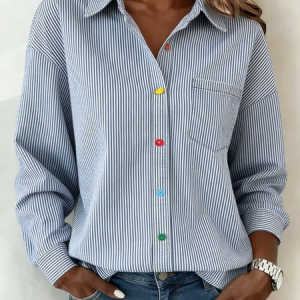 Women Striped Shawl Collar Long Sleeve Shirt Casual Daily Spring/Fall Top, JustFashionNow Blouses, color:Blue|size:XXL