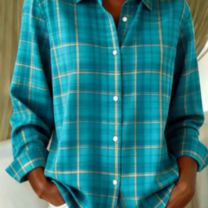 Women Plaid Shirt Collar Long Sleeve Shirt Buckle Regular Sleeve Casual Daily Spring/Fall Top, JustFashionNow Shirts, color:Cyan|size:XXL