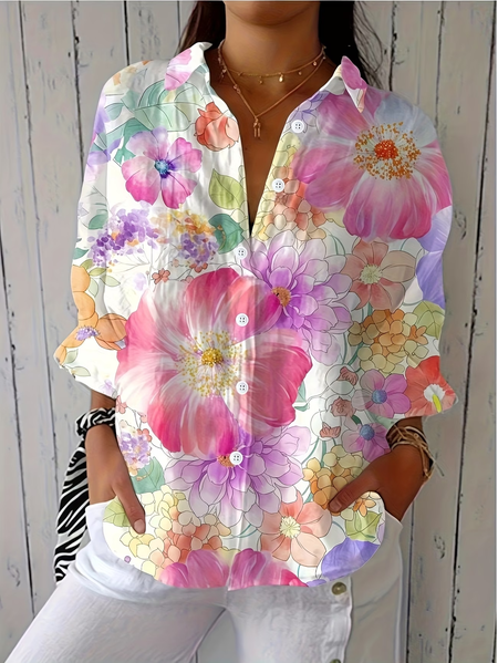 Women Floral Shirt Collar Three Quarter Sleeve Shirt Printing Casual Daily Spring/Fall Top, JustFashionNow Shirts, color:As Picture|size:5XL - Image 2