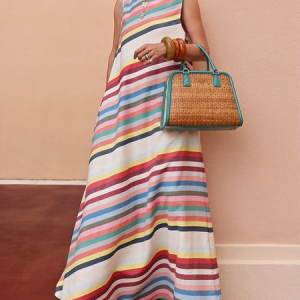Vacation Striped Printing Crew Neck Maxi Dress, Maxi Dresses, color:As Picture|size:XXL, Stylewe