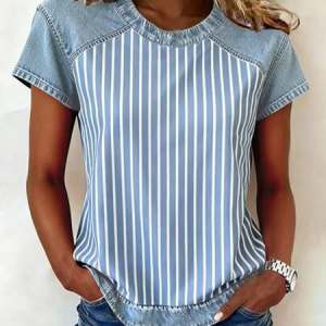 Vintage Striped Crew Neck Short Sleeve T-shirt, T-shirts, color:Blue|size:4XL, catalog Noracora shop