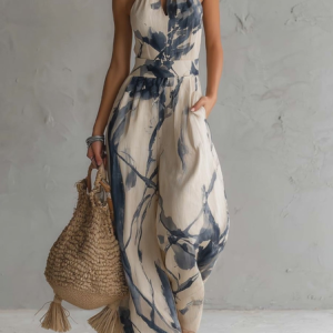 Casual Floral Halter Neck Jumpsuit, Jumpsuits, color:Blue|size:XXL, Stylewe
