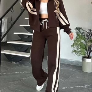 Women Striped Split Joint Two-Piece Set Daily Long Sleeve Casual Spring/Fall Top With Pants Matching Set, JustFashionNow Suit Set, color:Deep Brown|size:5XL