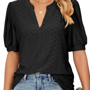 Women Plain Short Sleeve Tee T-shirt V Neck Elegant Summer Top, JustFashionNow T-Shirts, color:Black|size:5XL