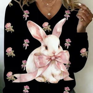 Women Floral Long Sleeve Tee T-shirt V Neck Printing Casual Graphic Tee Spring/Fall Top, JustFashionNow T-Shirts, color:Black|size:XXL