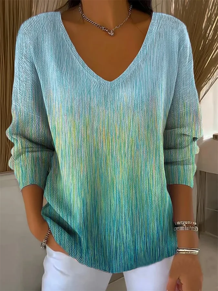 Women Abstract Long Sleeve Tee T-shirt V Neck Printing Casual Spring/Fall Top, JustFashionNow T-Shirts, color:Green|size:4XL