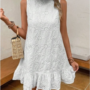 Women Plain Short Sleeve Crew Neck Embroidery Dress Daily Casual Midi Ruffle Skirt A-Line Summer Dress, JustFashionNow Dresses, color:White|size:XL
