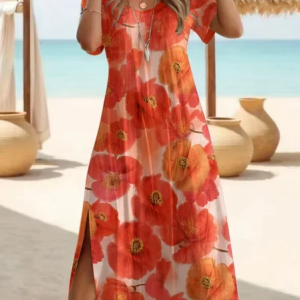Women Floral Short Sleeve Crew Neck Printing Dress Daily Casual Maxi T-Shirt Dress H-Line Summer Dress, JustFashionNow Casual Dresses, color:Orange Red|size:4XL