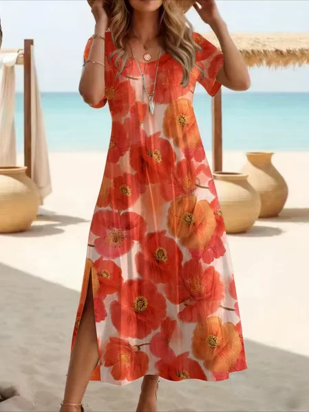 Women Floral Short Sleeve Crew Neck Printing Dress Daily Casual Maxi T-Shirt Dress H-Line Summer Dress, JustFashionNow Casual Dresses, color:Orange Red|size:4XL