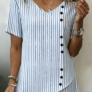 Women Striped V Neck Short Sleeve Shirt Vintage Daily Summer Top, JustFashionNow Blouses, color:Blue|size:4XL