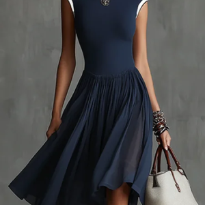 Urban Color Block Crew Neck Knee Length Dress, Midi Dresses, color:Purplish Blue|size:XXL, Stylewe