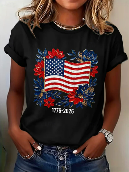 Women Floral Short Sleeve Tee T-shirt Crew Neck Printing Casual Graphic Tee Summer Top, JustFashionNow T-Shirts, color:Black|size:XXL - Image 2