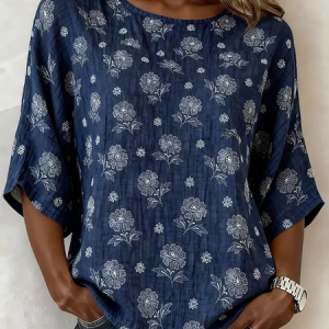 Women Floral Crew Neck Half Sleeve Blouse Printing Vintage Daily Summer Top, JustFashionNow Blouses, color:Navyblue|size:5XL