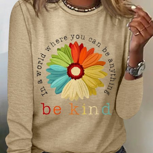 Women Daisy Long Sleeve Tee T-shirt Crew Neck Casual Spring/Fall Top, JustFashionNow T-Shirts, color:Apricot|size:3XL