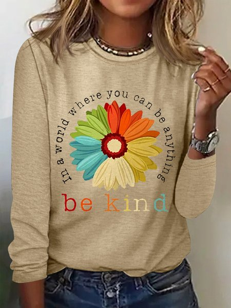 Women Daisy Long Sleeve Tee T-shirt Crew Neck Casual Spring/Fall Top, JustFashionNow T-Shirts, color:Apricot|size:3XL