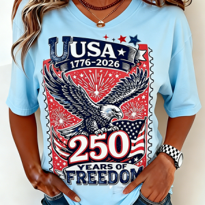 Women Independence Day (Flag) Short Sleeve Tee T-shirt Crew Neck Casual Summer Top, JustFashionNow T-Shirts, color:Blue|size:5XL