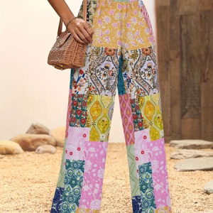 Women Geometric Long Elastic Waist Pants Casual Spring/Fall Trousers, JustFashionNow Pants, color:Purple|size:XXL