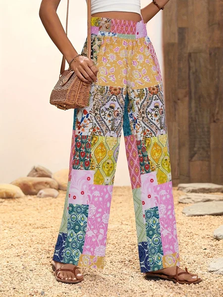 Women Geometric Long Elastic Waist Pants Casual Spring/Fall Trousers, JustFashionNow Pants, color:Purple|size:XXL