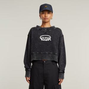 Overdyed Cropped Logo Loose Sweater - Black - Women, Sweatshirts-Hoodies, G-Star RAW catalog